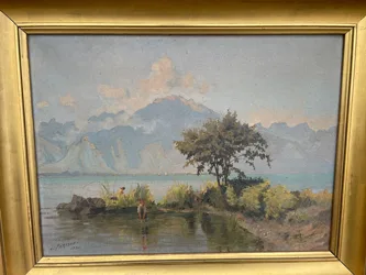 Huile sur toile, paysage lacustre